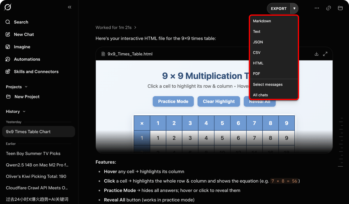 Grok Export menu on grok.com with Markdown, Text, JSON, CSV, HTML, PDF, and message selection